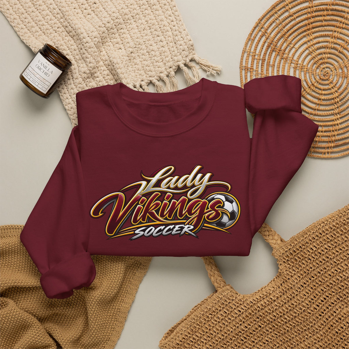 Valley Lady Vikings Soccer Script Spirit Fleece Crewneck Sweatshirt
