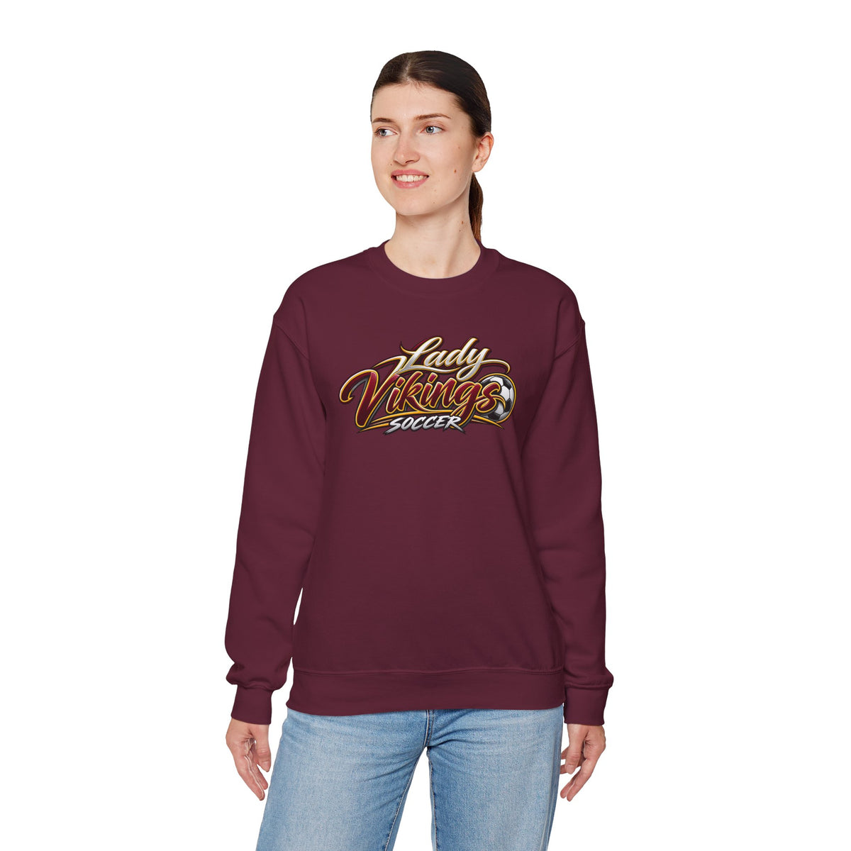 Valley Lady Vikings Soccer Script Spirit Fleece Crewneck Sweatshirt