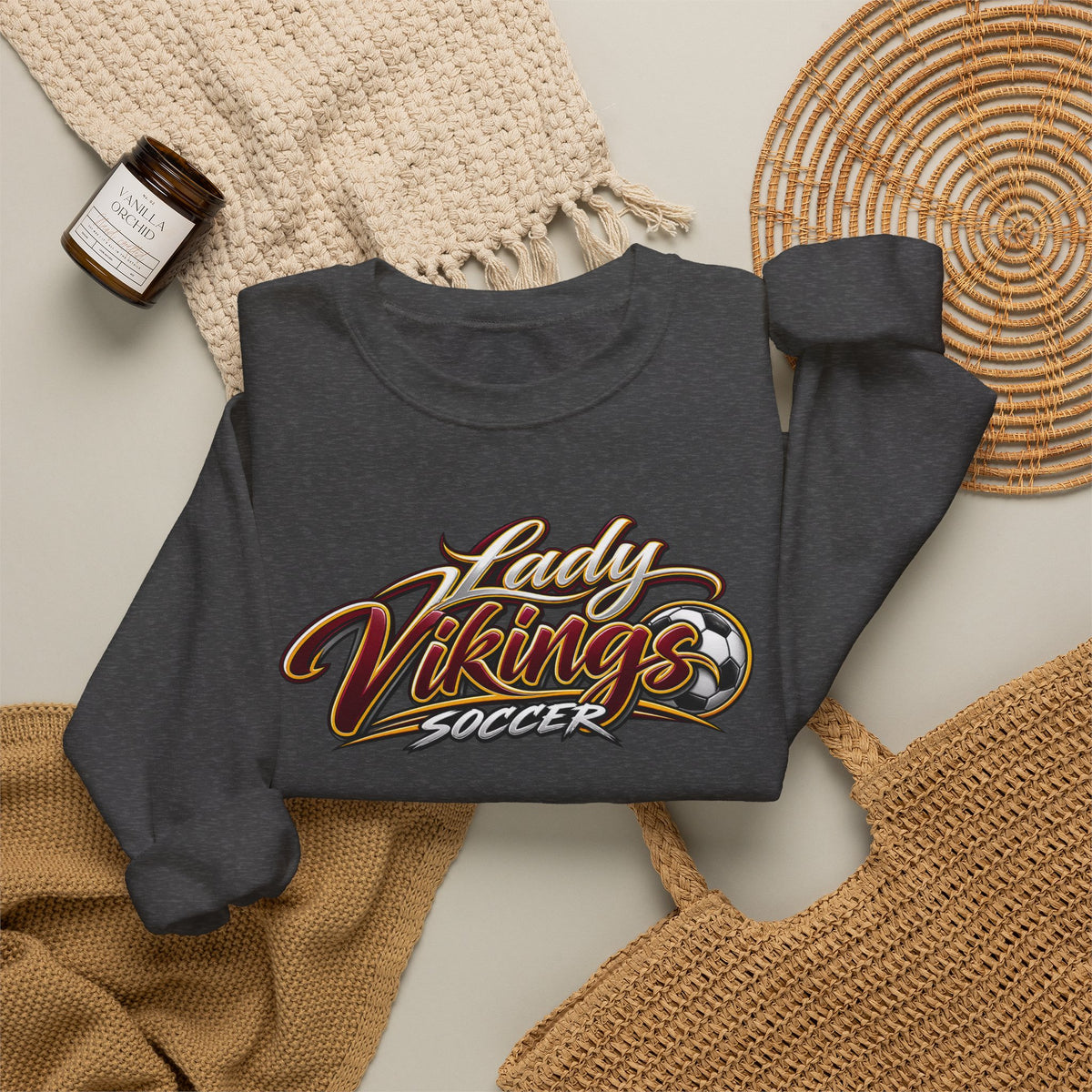 Valley Lady Vikings Soccer Script Spirit Fleece Crewneck Sweatshirt