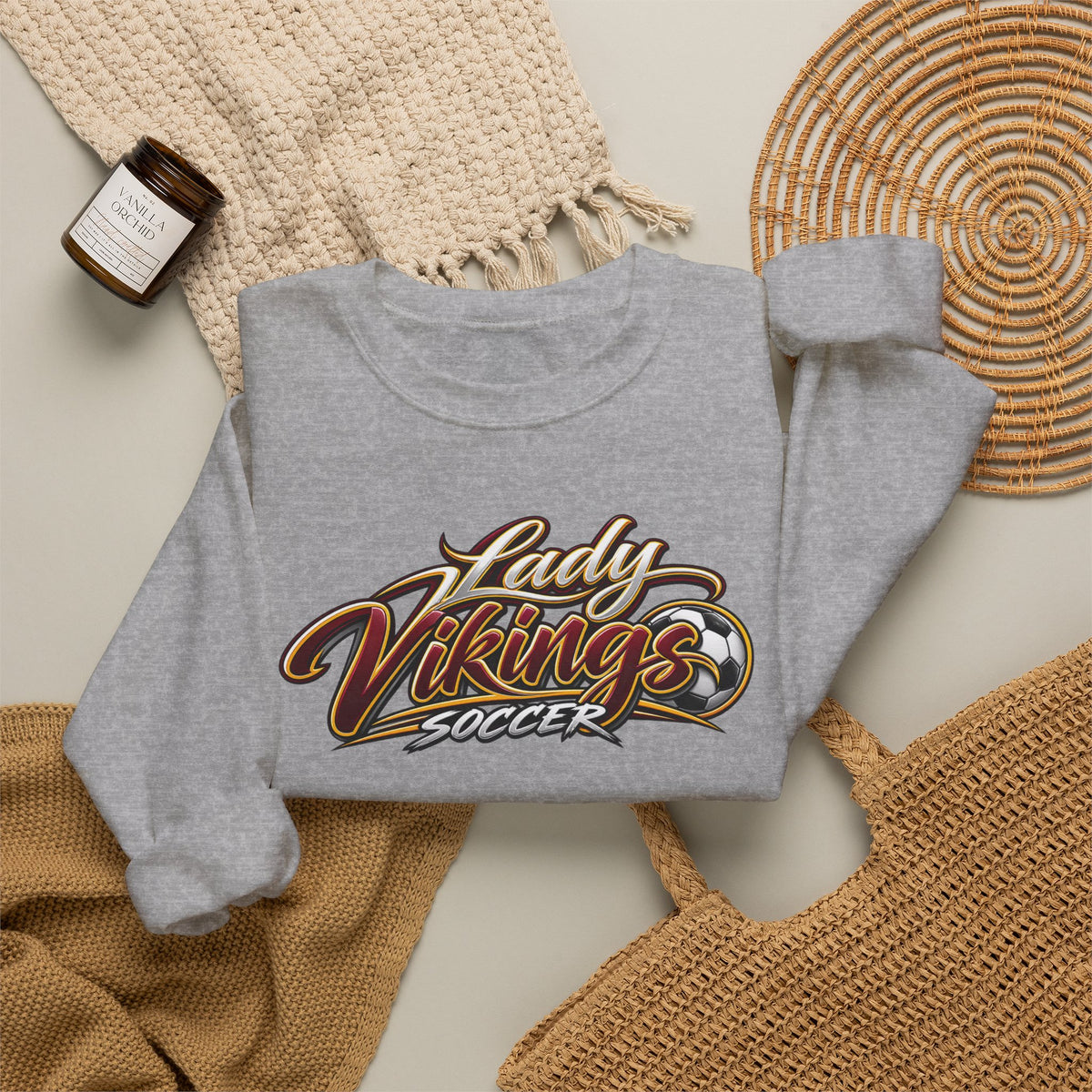 Valley Lady Vikings Soccer Script Spirit Fleece Crewneck Sweatshirt