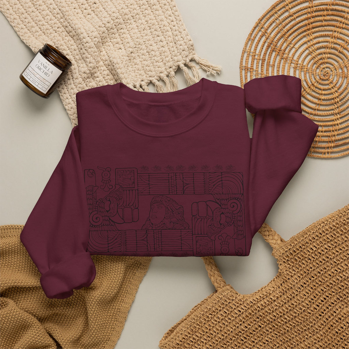 Aztec Wall (Black) – Original Hand-Drawn Aztec Wear Fleece Crewneck Sweatshirt