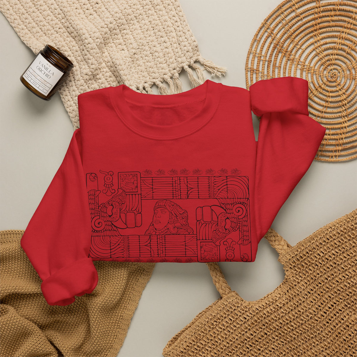 Aztec Wall (Black) – Original Hand-Drawn Aztec Wear Fleece Crewneck Sweatshirt