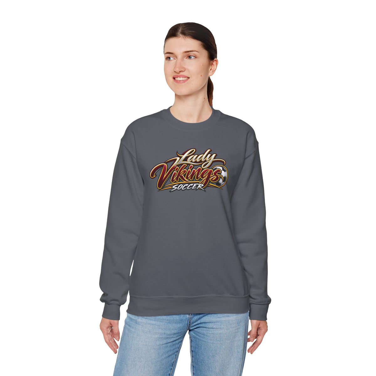 Valley Lady Vikings Soccer Script Spirit Fleece Crewneck Sweatshirt